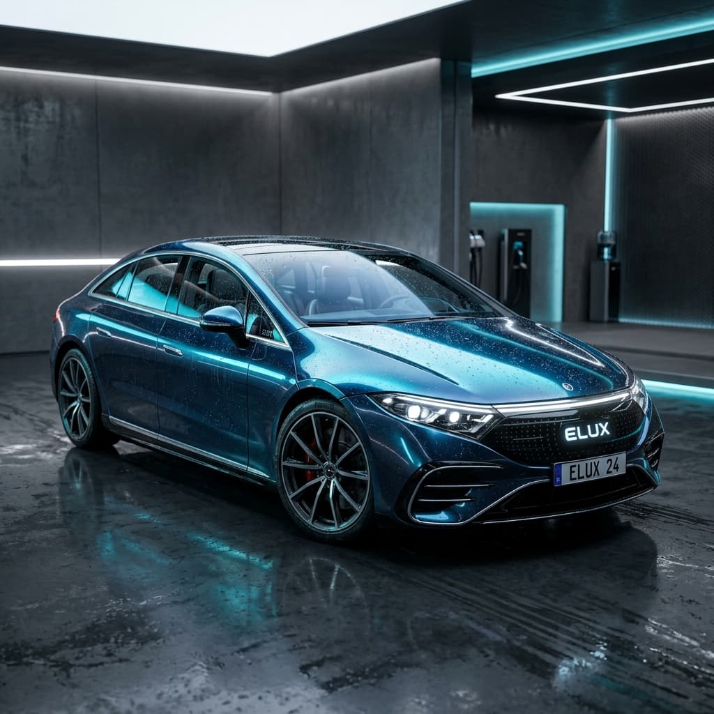 Sleek premium clean vehicle reflecting blue light in a modern bay